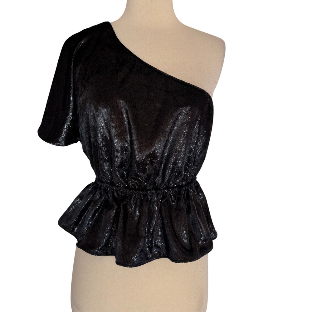 7 For All Mankind Black One Shoulder Peplum Top Shimmer Short Sleeve Party‎ SZ S